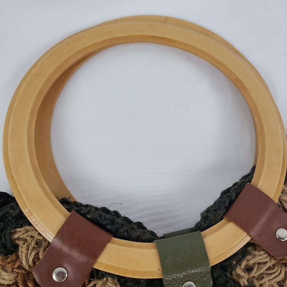 Jute Floral Crochet Handbag Purse Tote Boho Flowers Patchwork Wood Handle Bag - Picture 6 of 14